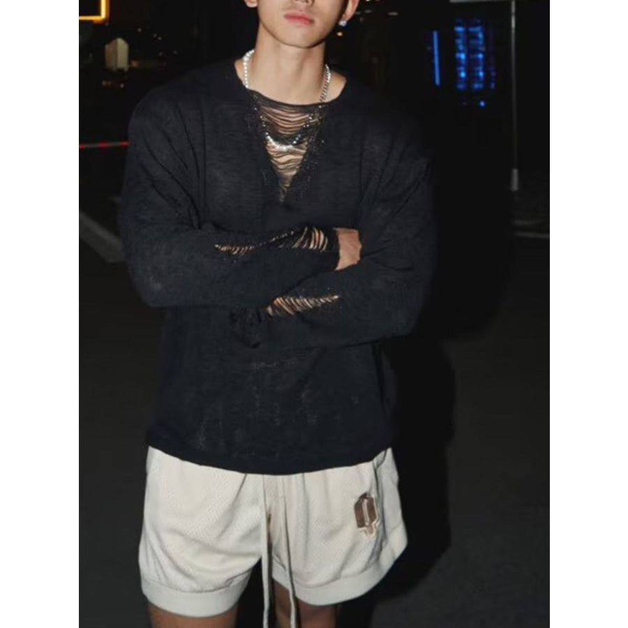 Men’s Full Size Distressed Long Sleeve Sweater Plus Black / S Apparel and Accessories