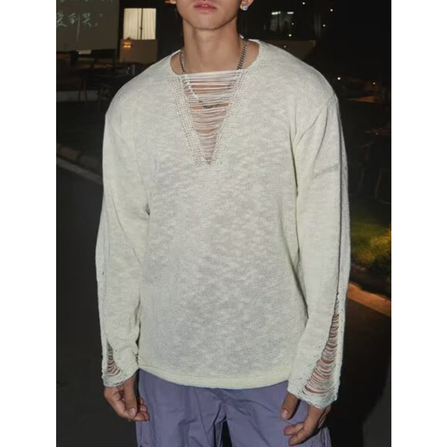 Men’s Full Size Distressed Long Sleeve Sweater Plus White / S Apparel and Accessories