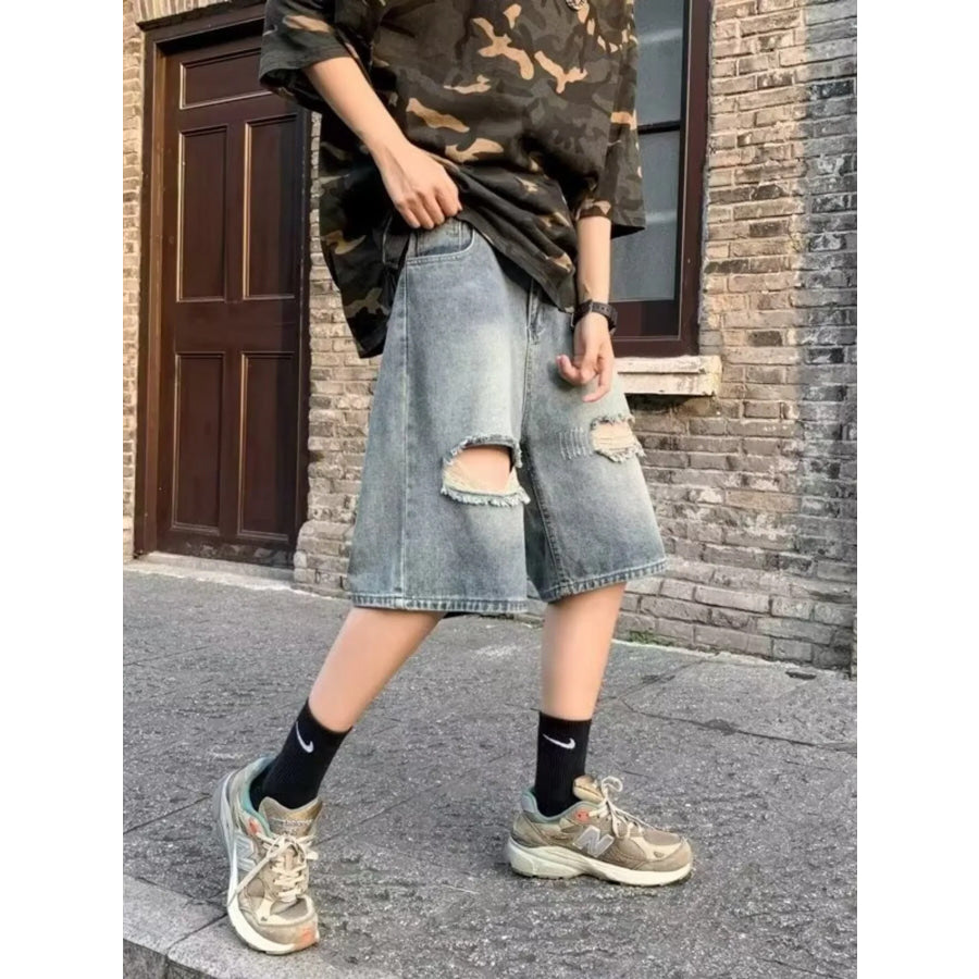Men’s Full Size Distressed Loose Fit Denim Shorts Plus Size Blue / S Apparel and Accessories