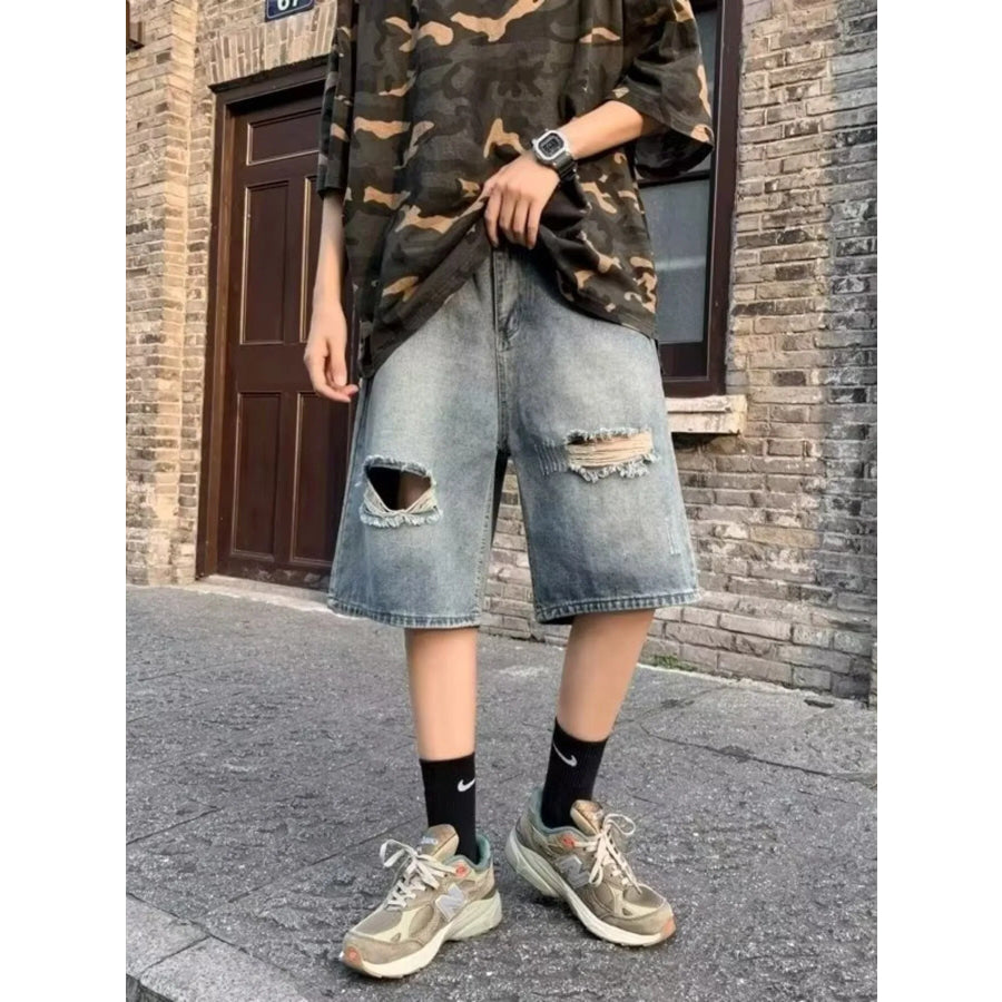 Men’s Full Size Distressed Loose Fit Denim Shorts Plus Size Blue / S Apparel and Accessories