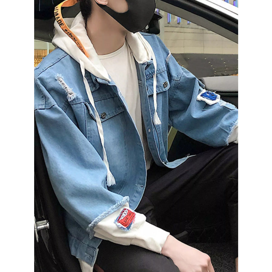 Men’s Full Size Distressed Patchwork Hooded Denim Jacket Plus Size Light / S Apparel and Accessories