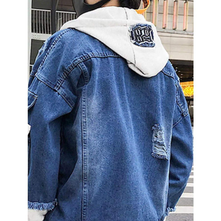 Men’s Full Size Distressed Patchwork Hooded Denim Jacket Plus Size Apparel and Accessories