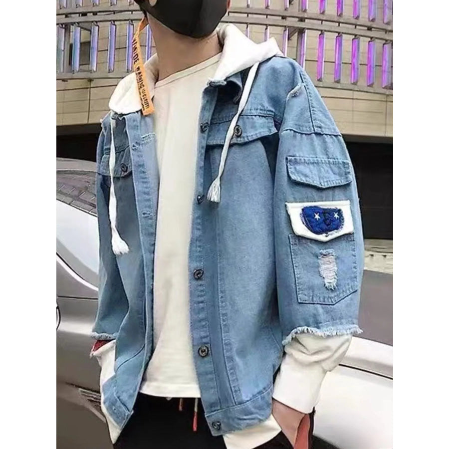 Men’s Full Size Distressed Patchwork Hooded Denim Jacket Plus Size Light / S Apparel and Accessories