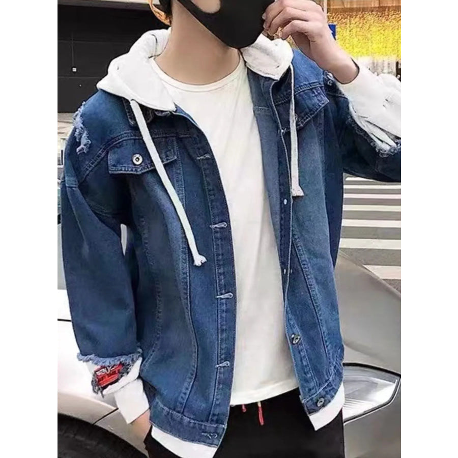 Men’s Full Size Distressed Patchwork Hooded Denim Jacket Plus Size Medium / S Apparel and Accessories