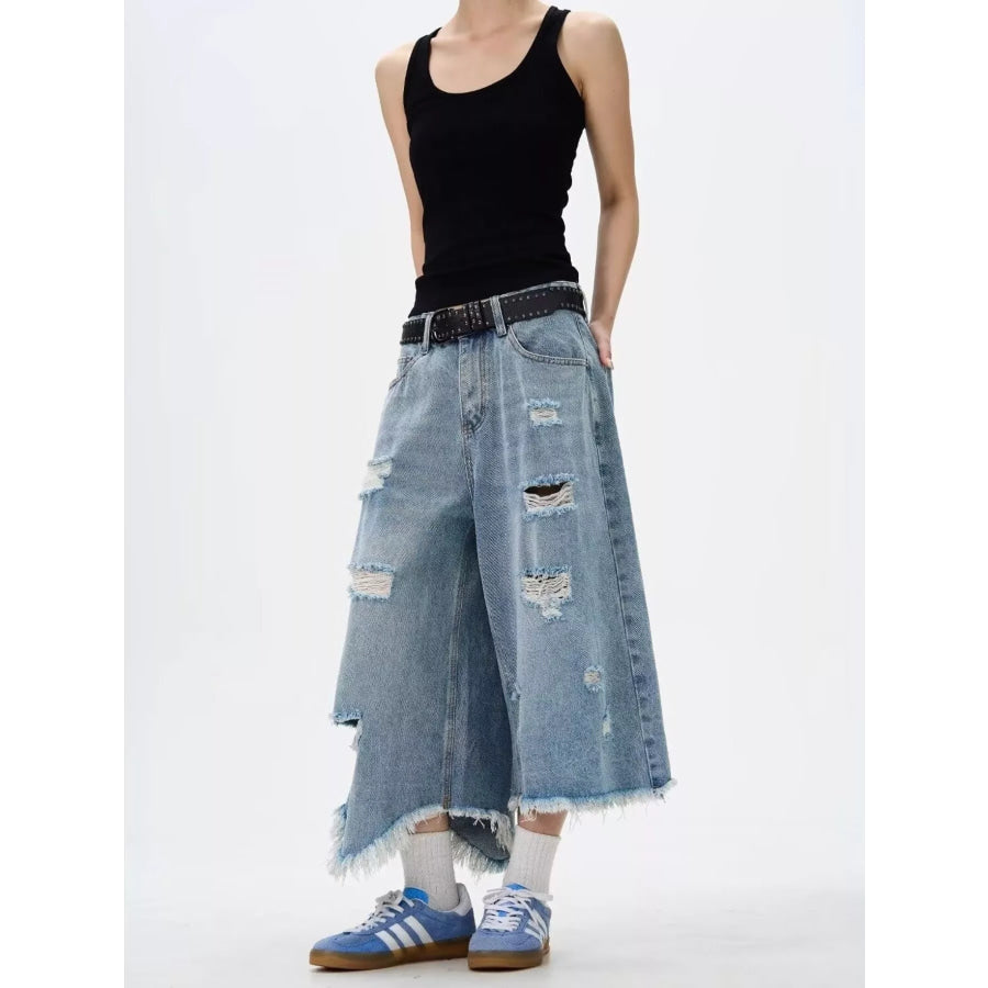 Men’s Full Size Distressed Raw Hem Wide Leg Jeans Plus Size Apparel and Accessories