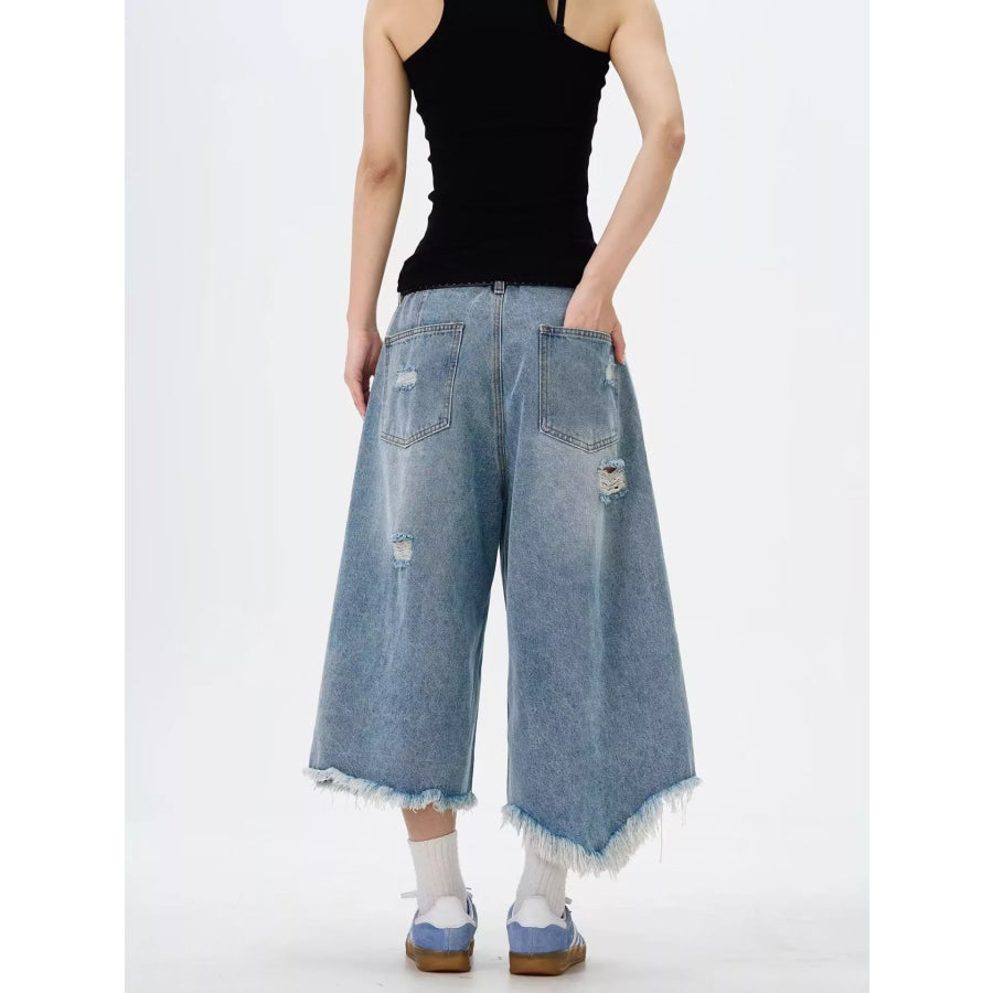 Men’s Full Size Distressed Raw Hem Wide Leg Jeans Plus Size Apparel and Accessories
