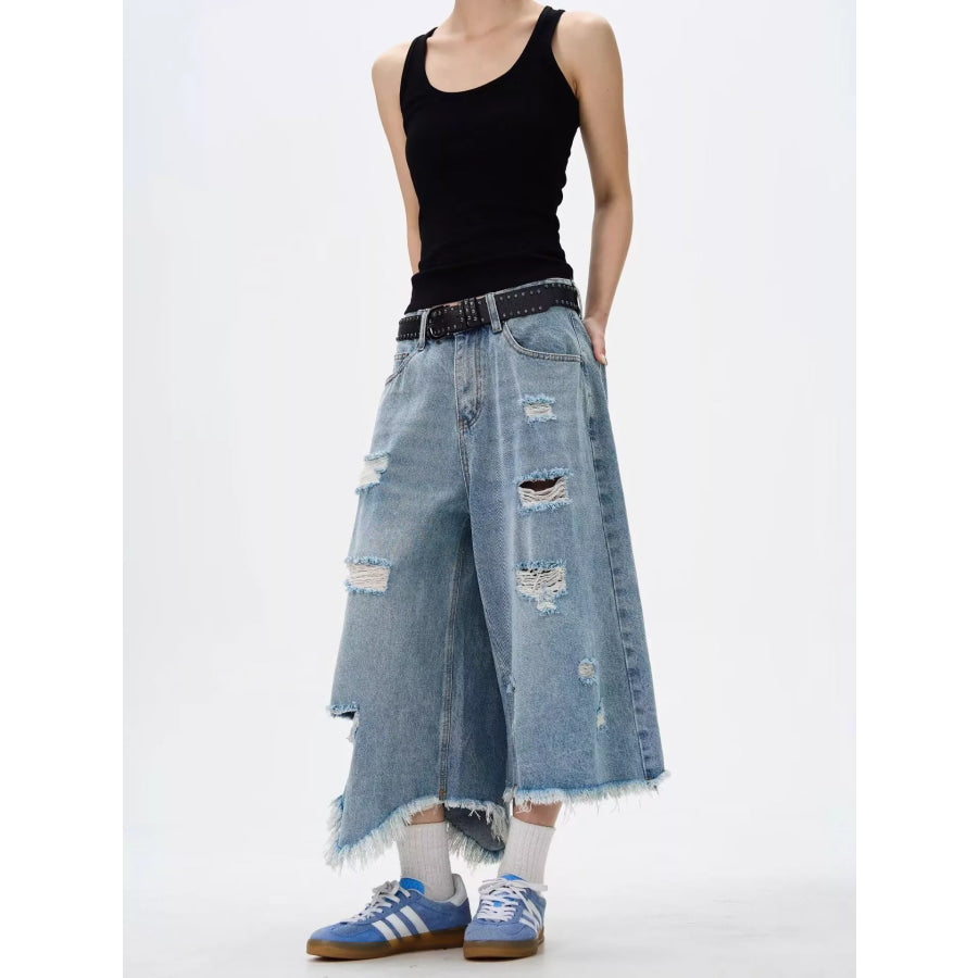 Men’s Full Size Distressed Raw Hem Wide Leg Jeans Plus Size Apparel and Accessories