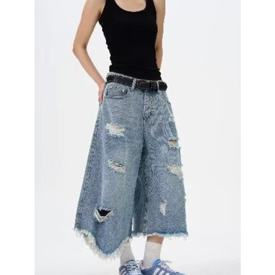 Men’s Full Size Distressed Raw Hem Wide Leg Jeans Plus Size Apparel and Accessories