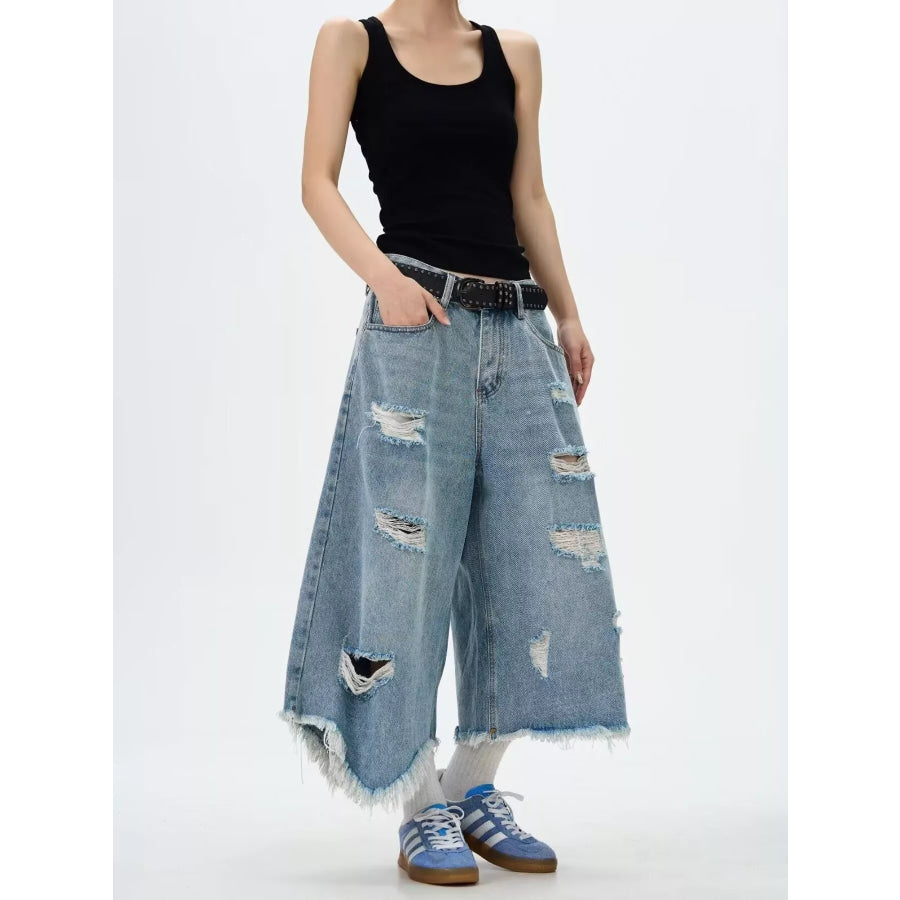 Men’s Full Size Distressed Raw Hem Wide Leg Jeans Plus Size Apparel and Accessories