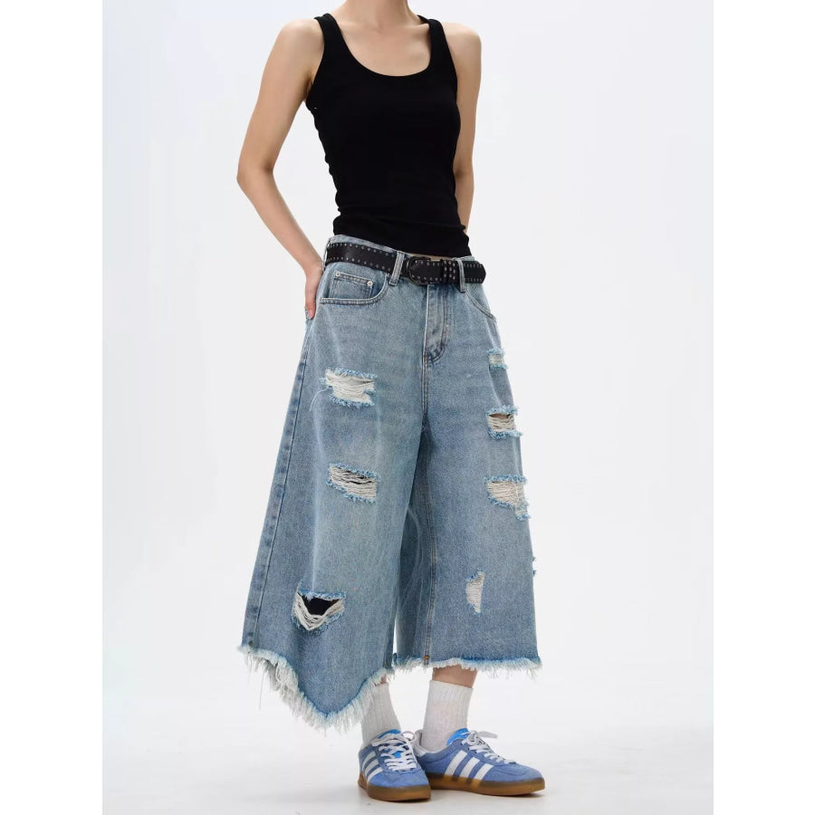 Men’s Full Size Distressed Raw Hem Wide Leg Jeans Plus Size Apparel and Accessories