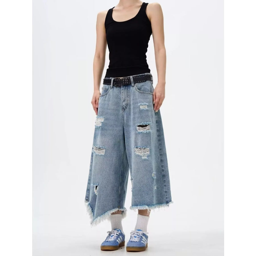 Men’s Full Size Distressed Raw Hem Wide Leg Jeans Plus Size Apparel and Accessories