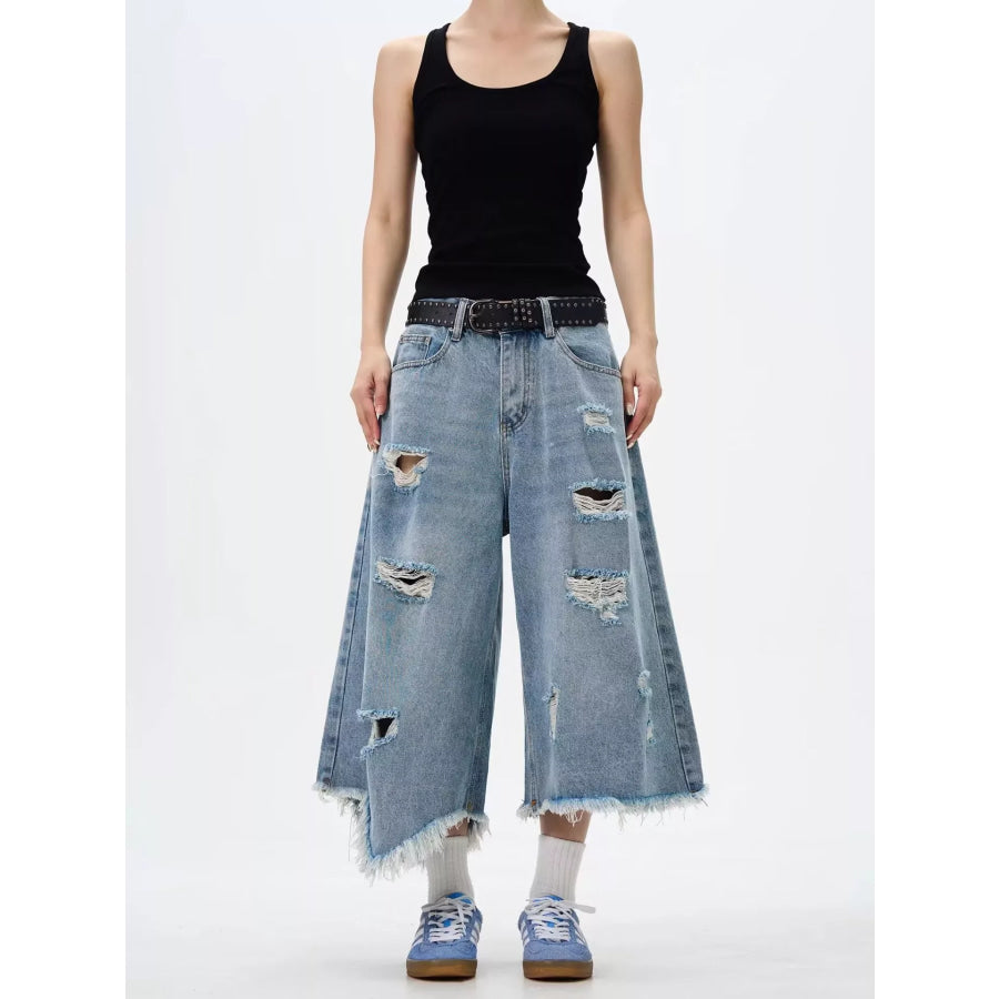 Men’s Full Size Distressed Raw Hem Wide Leg Jeans Plus Size Apparel and Accessories