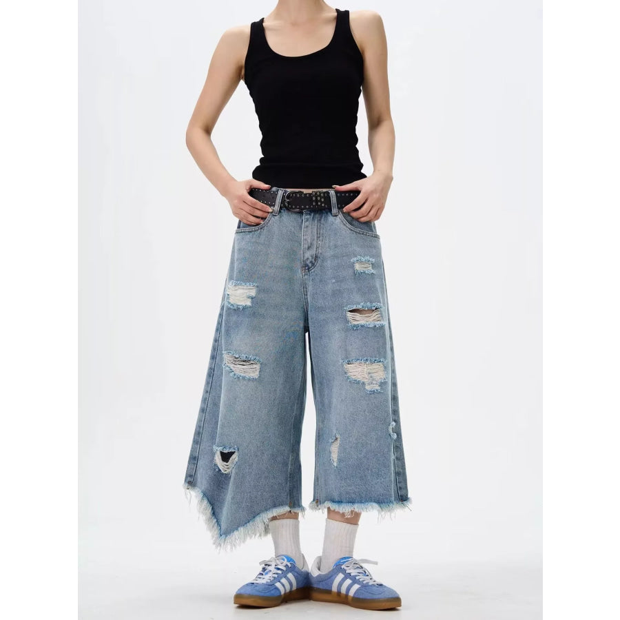 Men’s Full Size Distressed Raw Hem Wide Leg Jeans Plus Size Blue / S Apparel and Accessories