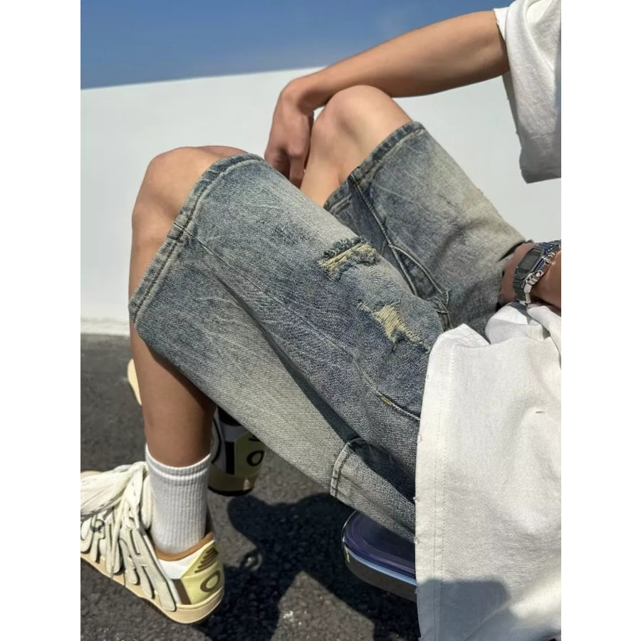 Men’s Full Size Distressed Wash Denim Shorts Plus Size Apparel and Accessories