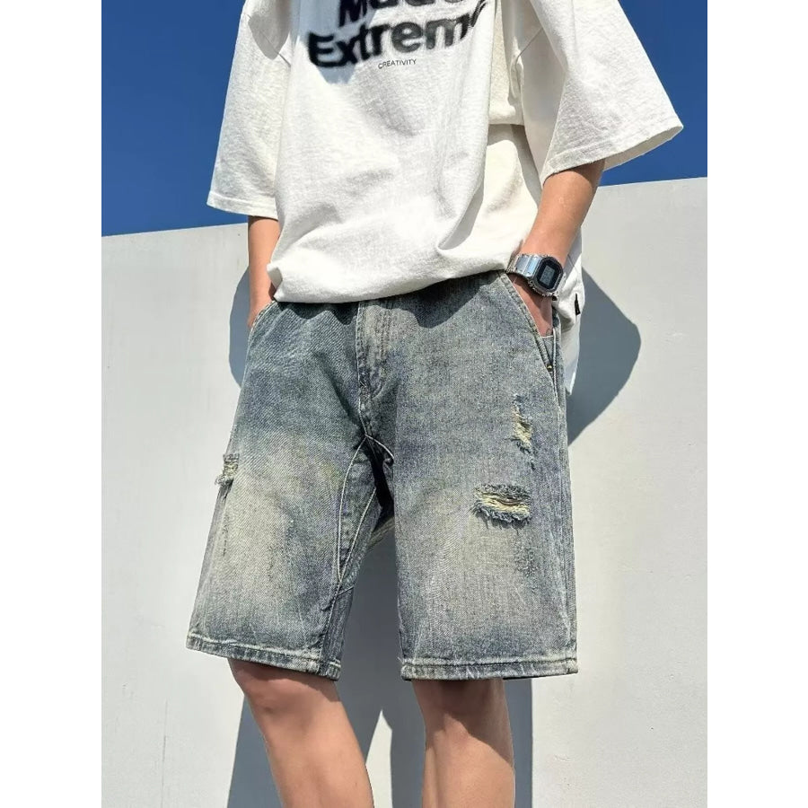 Men’s Full Size Distressed Wash Denim Shorts Plus Size Light / S Apparel and Accessories