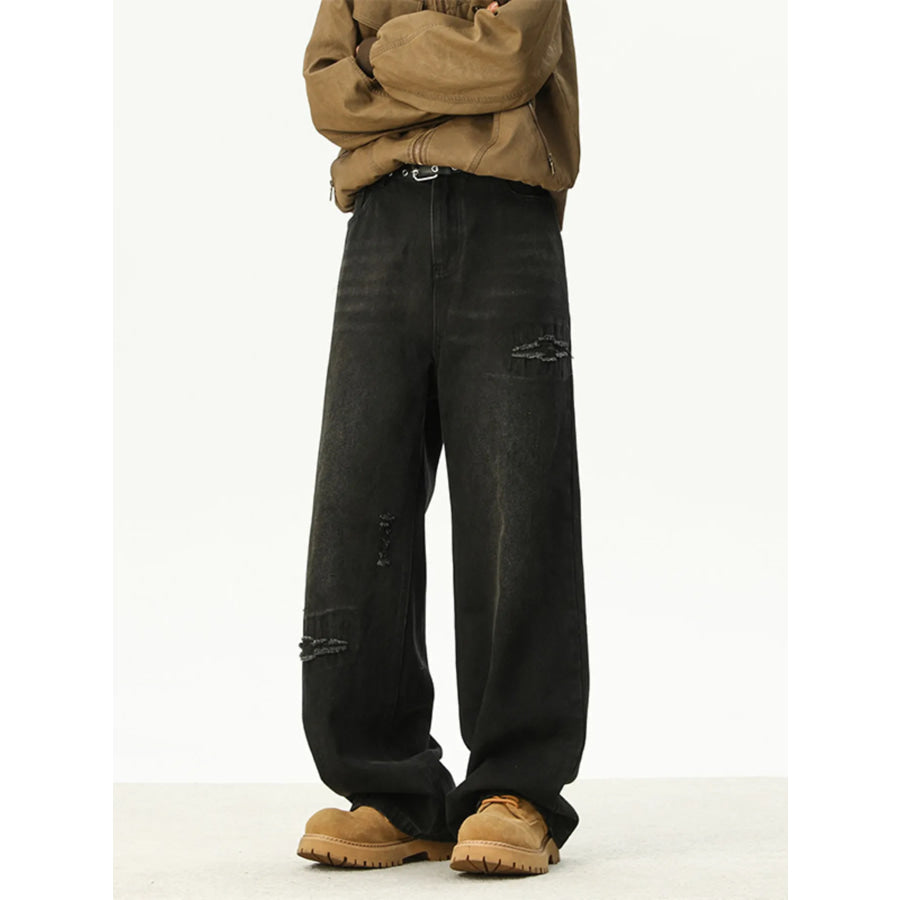 Men’s Full Size Distressed Wash Loose Fit Jeans Plus Size Black / S Apparel and Accessories