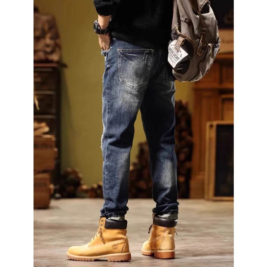 Men’s Full Size Distressed Wash Slim Fit Jeans Plus Size Apparel and Accessories