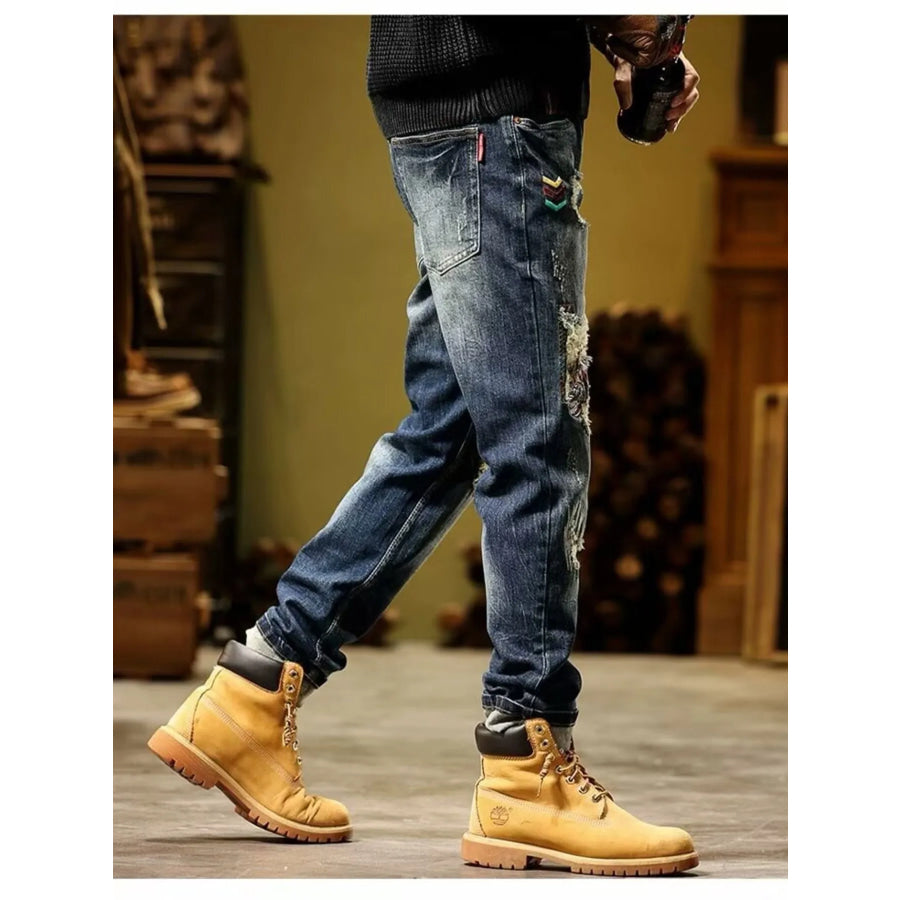 Men’s Full Size Distressed Wash Slim Fit Jeans Plus Size Apparel and Accessories