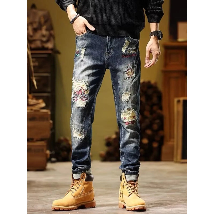 Men’s Full Size Distressed Wash Slim Fit Jeans Plus Size Apparel and Accessories