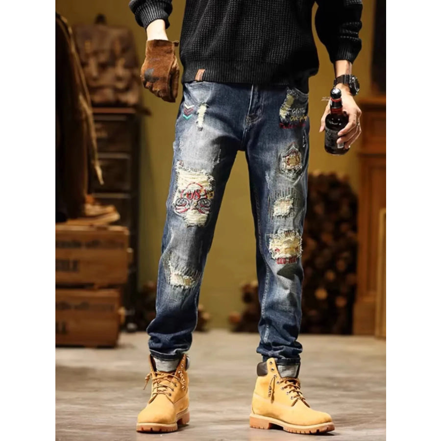 Men’s Full Size Distressed Wash Slim Fit Jeans Plus Size Blue / M Apparel and Accessories