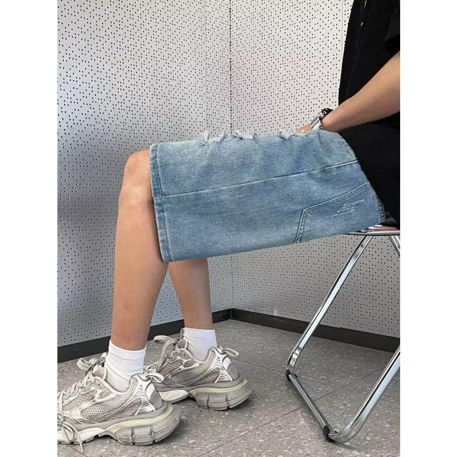 Men’s Full Size Distressed Wash Wide Leg Denim Shorts Plus Size Apparel and Accessories