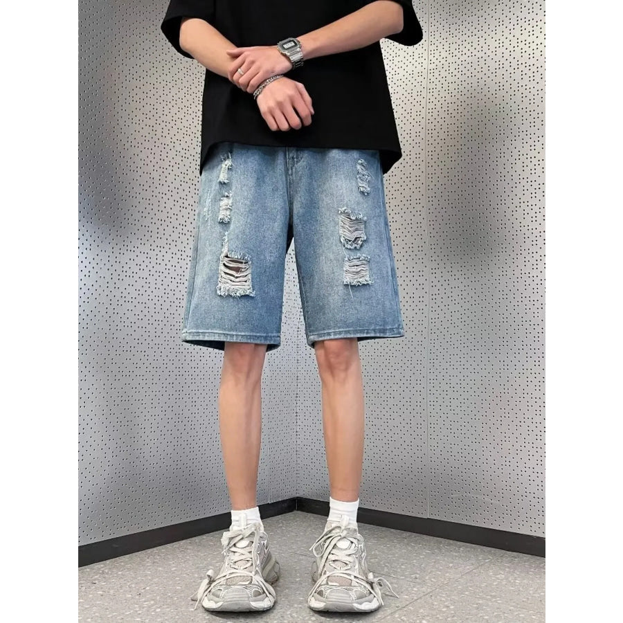 Men’s Full Size Distressed Wash Wide Leg Denim Shorts Plus Size Blue / S Apparel and Accessories