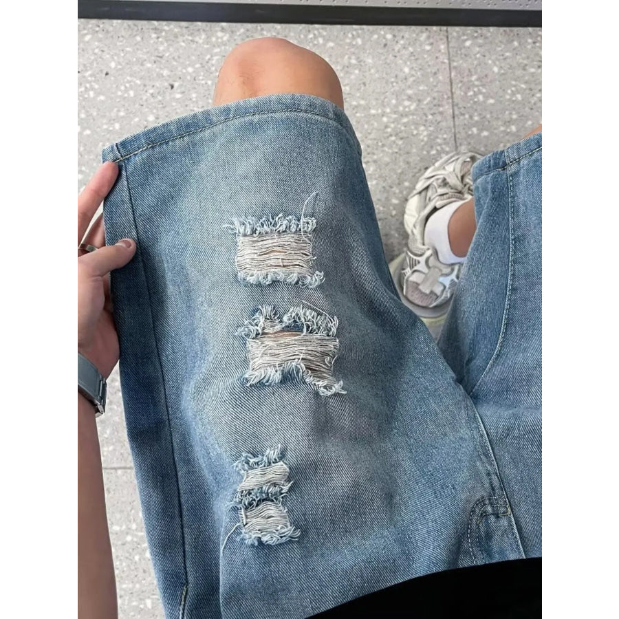 Men’s Full Size Distressed Wash Wide Leg Denim Shorts Plus Size Apparel and Accessories