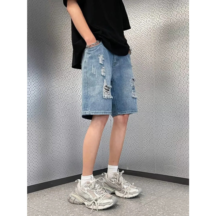 Men’s Full Size Distressed Wash Wide Leg Denim Shorts Plus Size Apparel and Accessories