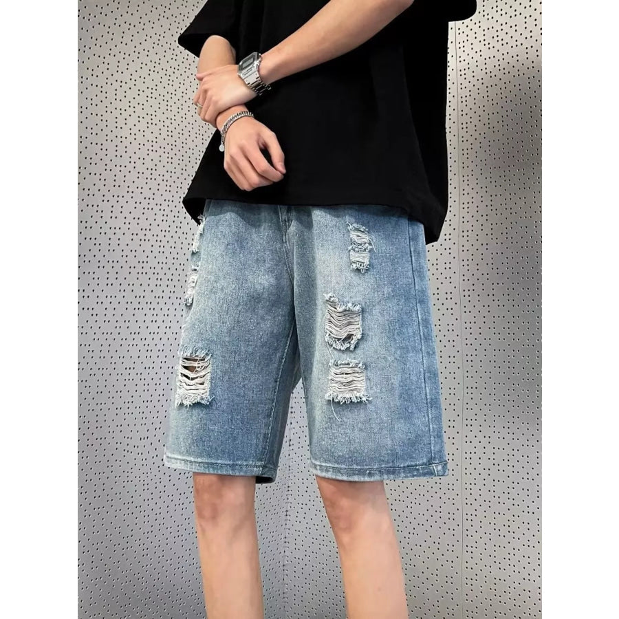 Men’s Full Size Distressed Wash Wide Leg Denim Shorts Plus Size Blue / S Apparel and Accessories