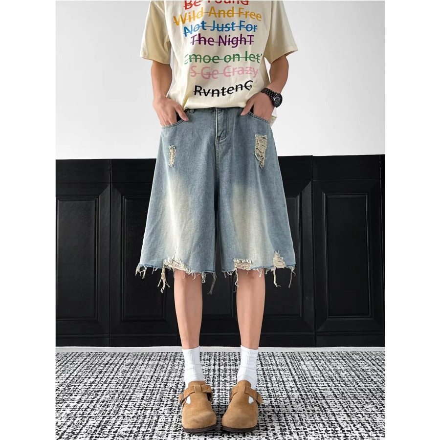 Men’s Full Size Distressed Wide Leg Denim Shorts Plus Size Apparel and Accessories