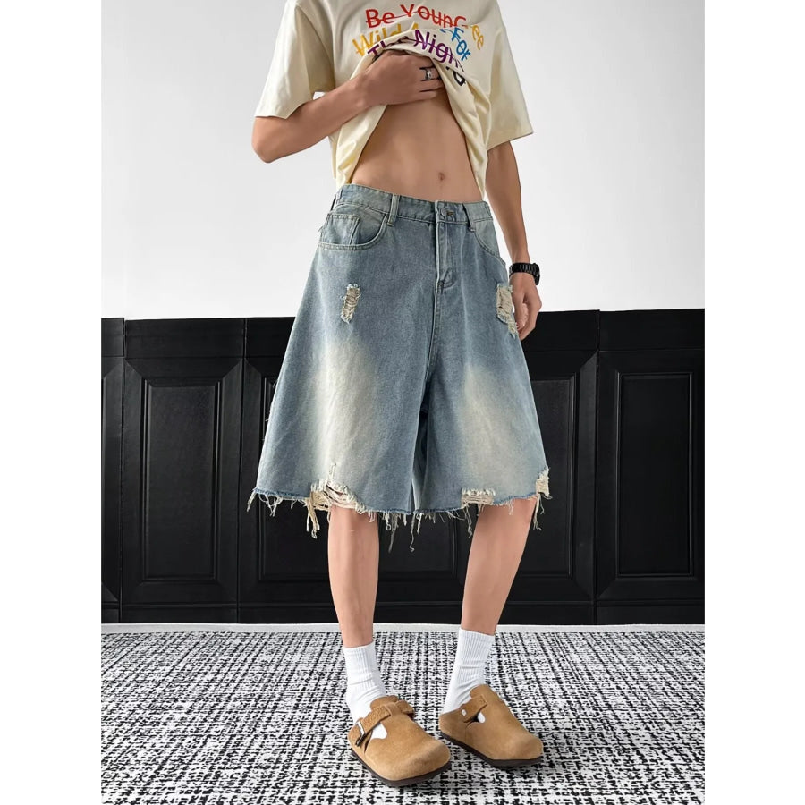 Men’s Full Size Distressed Wide Leg Denim Shorts Plus Size Blue / S Apparel and Accessories
