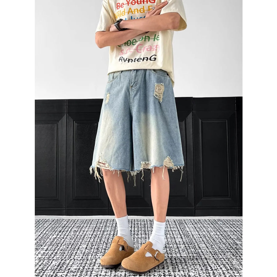 Men’s Full Size Distressed Wide Leg Denim Shorts Plus Size Apparel and Accessories