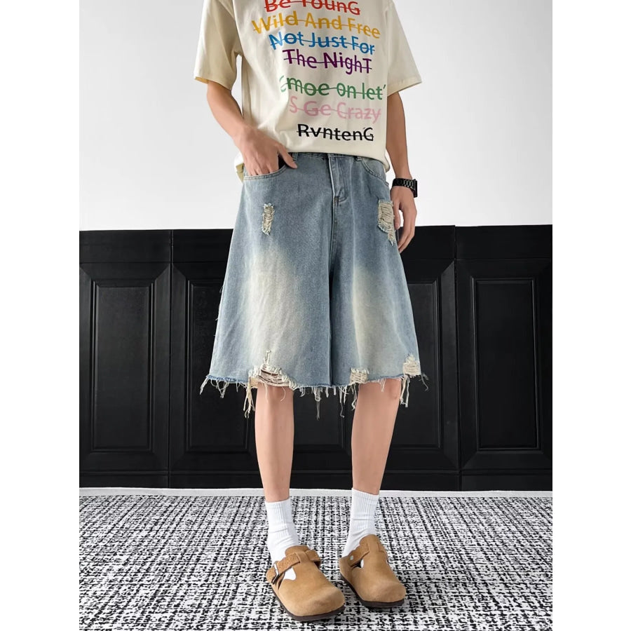 Men’s Full Size Distressed Wide Leg Denim Shorts Plus Size Blue / S Apparel and Accessories