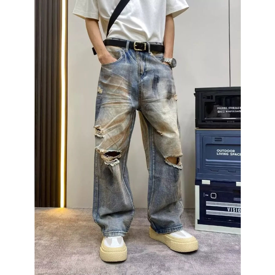 Men’s Full Size Distressed Wide Leg Jeans Plus Size Apparel and Accessories