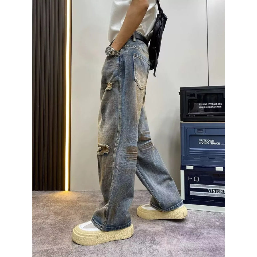 Men’s Full Size Distressed Wide Leg Jeans Plus Size Apparel and Accessories