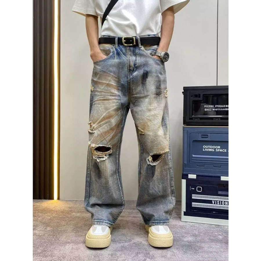 Men’s Full Size Distressed Wide Leg Jeans Plus Size Apparel and Accessories