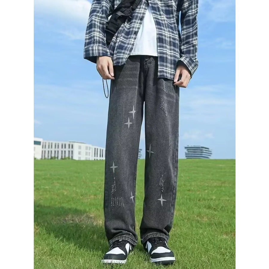 Men’s Full Size Distressed Wide Leg Jeans Plus Size Black / S Apparel and Accessories