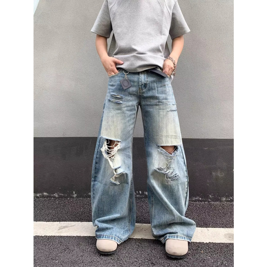 Men’s Full Size Distressed Wide Leg Jeans Plus Size Blue / S Apparel and Accessories