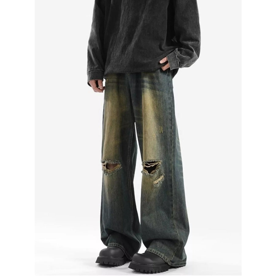 Men’s Full Size Distressed Wide Leg Jeans Plus Size Blue / S Apparel and Accessories