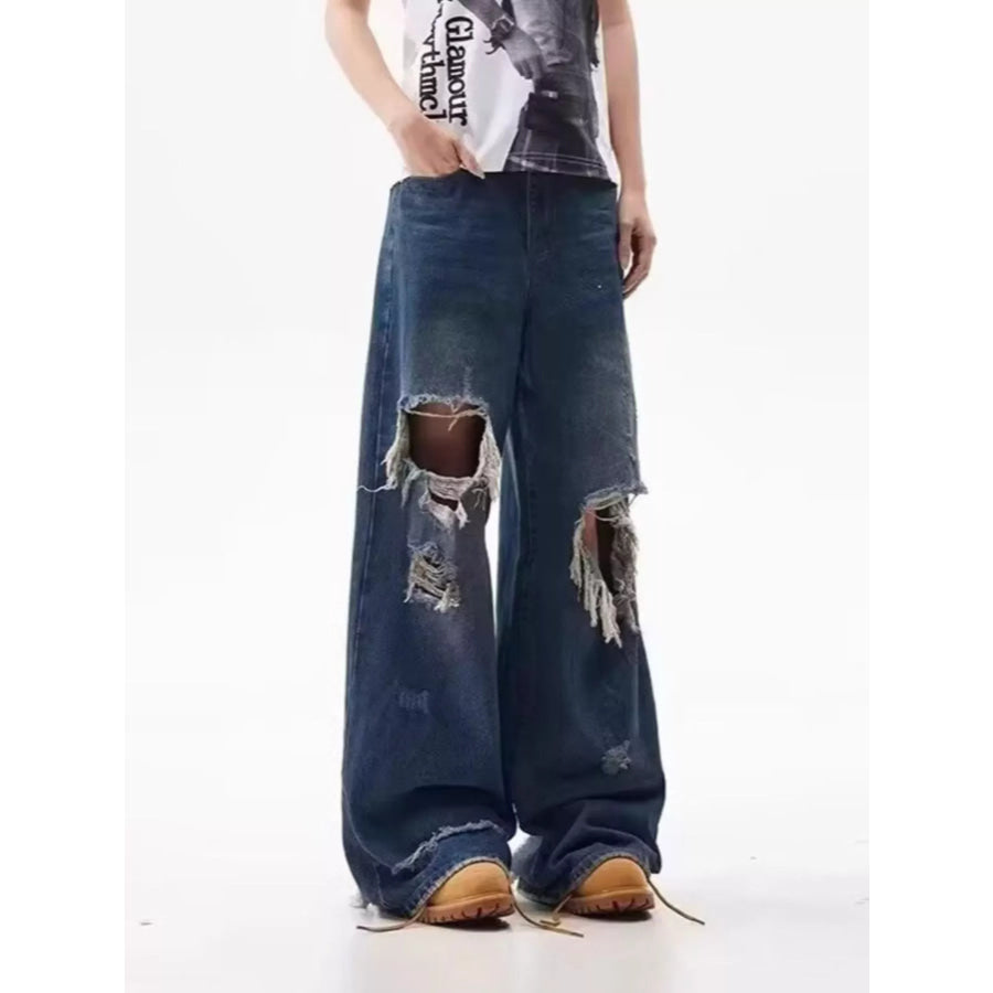 Men’s Full Size Distressed Wide Leg Jeans Plus Size Blue / S Apparel and Accessories
