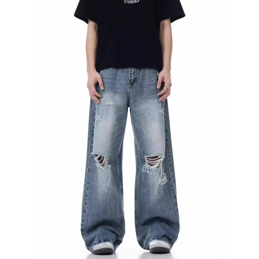 Men’s Full Size Distressed Wide Leg Jeans Plus Size Blue / S Apparel and Accessories