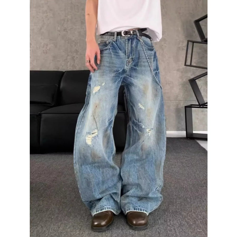 Men’s Full Size Distressed Wide Leg Jeans Plus Size Blue / S Apparel and Accessories