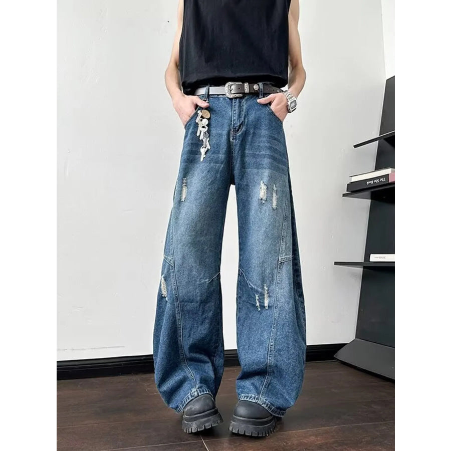 Men’s Full Size Distressed Wide Leg Jeans Plus Size Dark Blue / S Apparel and Accessories