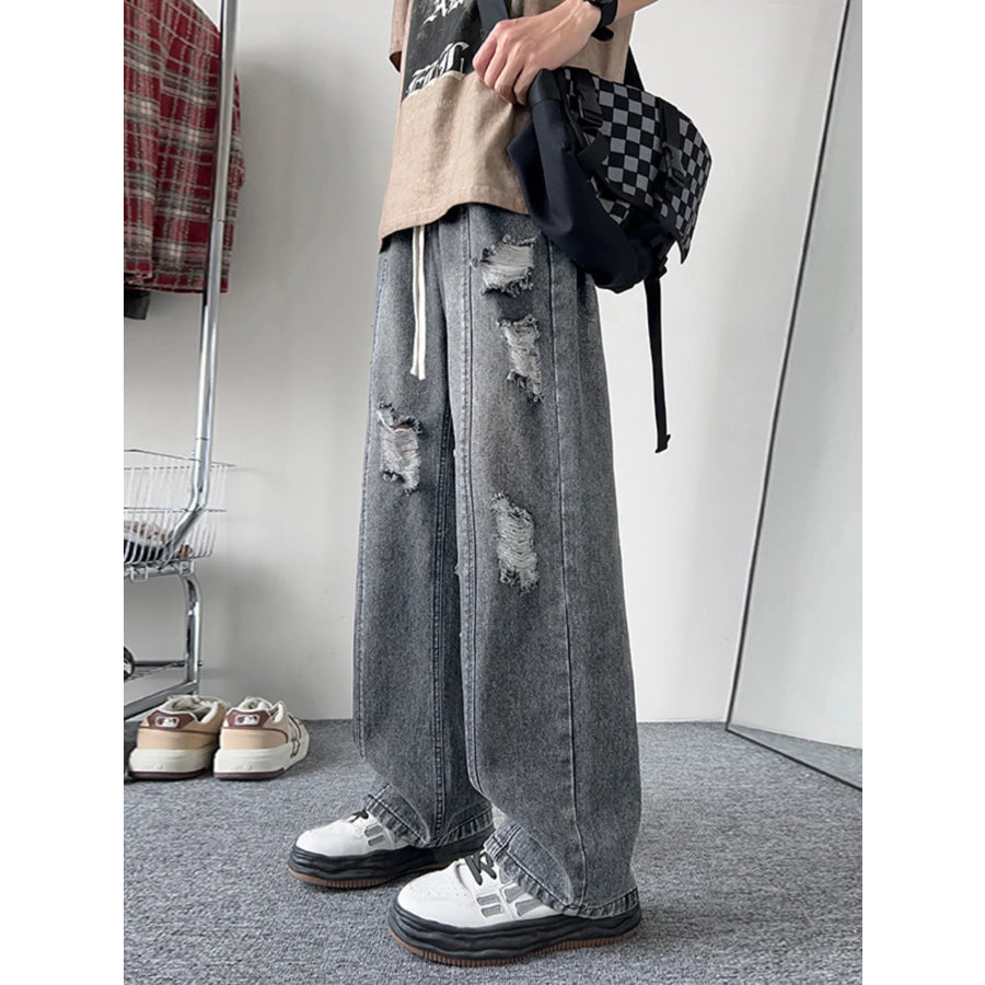 Men’s Full Size Distressed Wide Leg Jeans Plus Size Dark Gray / S Apparel and Accessories