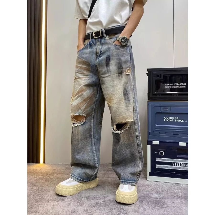Men’s Full Size Distressed Wide Leg Jeans Plus Size Light Blue / S Apparel and Accessories