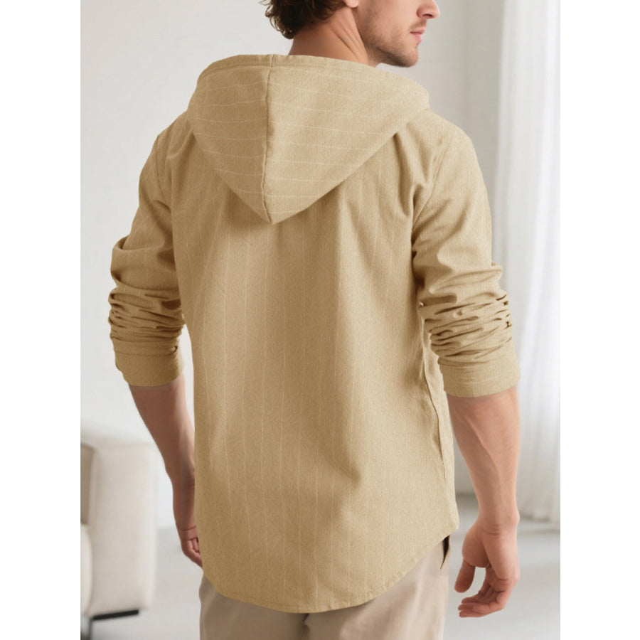 Men’s Full Size Drawstring Hooded Button Up Shirt Plus Size Apparel and Accessories