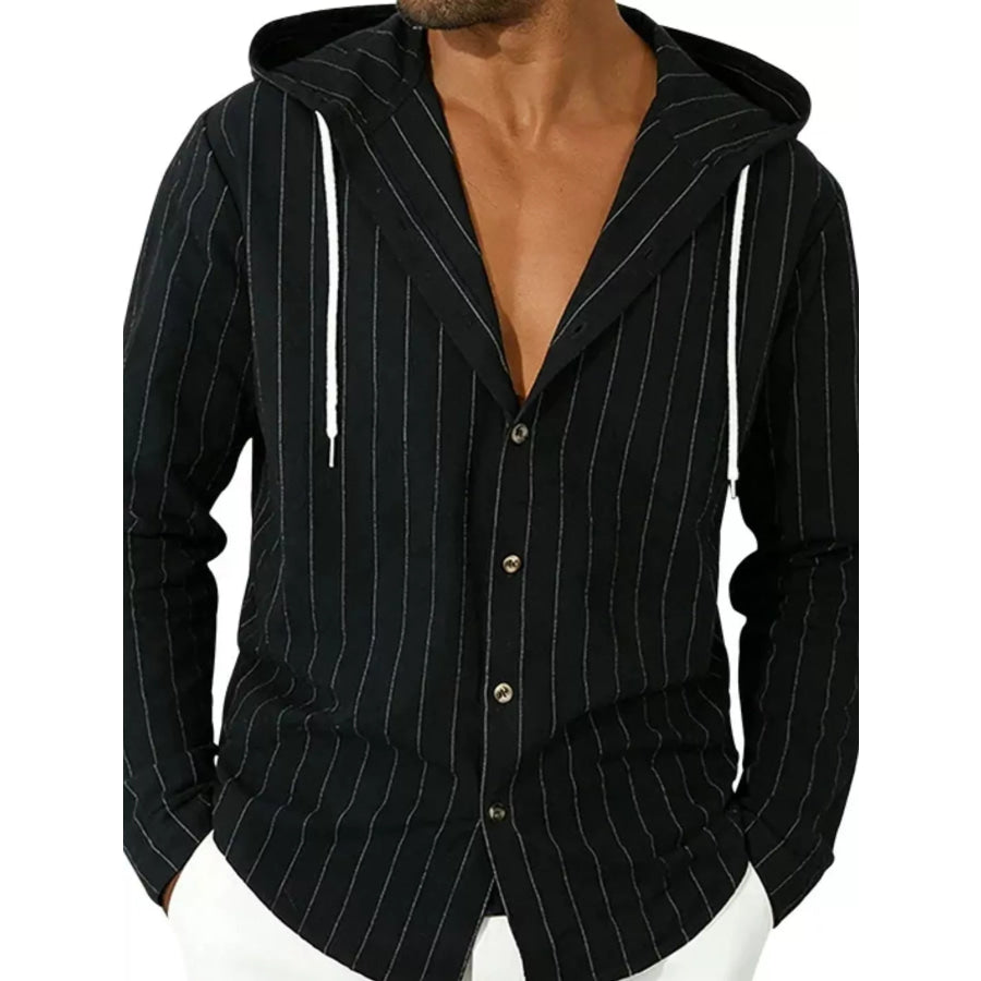 Men’s Full Size Drawstring Hooded Button Up Shirt Plus Size Black / S Apparel and Accessories