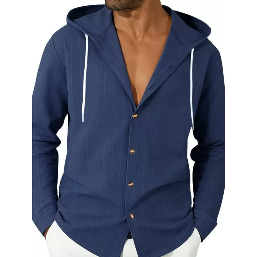 Men’s Full Size Drawstring Hooded Button Up Shirt Plus Size Navy Blue / S Apparel and Accessories