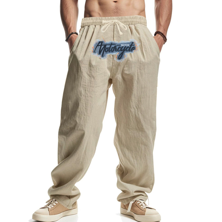 Men’s Full Size Drawstring Letter Casual Pants Plus Size Khaki / S Apparel and Accessories