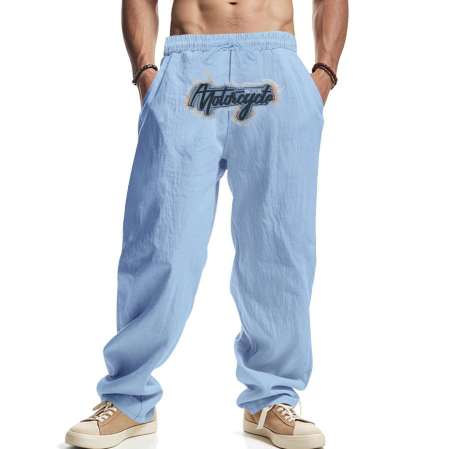 Men’s Full Size Drawstring Letter Casual Pants Plus Size Light Blue / S Apparel and Accessories